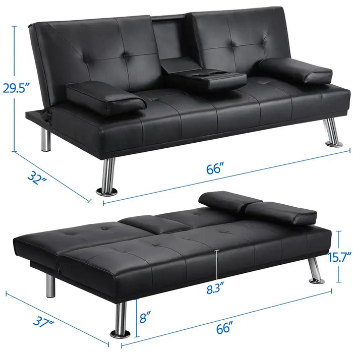 LuxuryGoods Modern Faux Leather Futon with Cupholders and Pillows, Black
