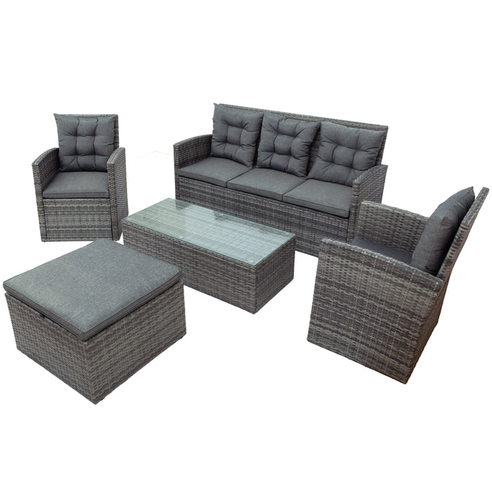 5-piece Outdoor UV-Resistant Patio Sofa Set with Storage Bench All Weather PE Wicker Furniture Coversation Set with Glass Table