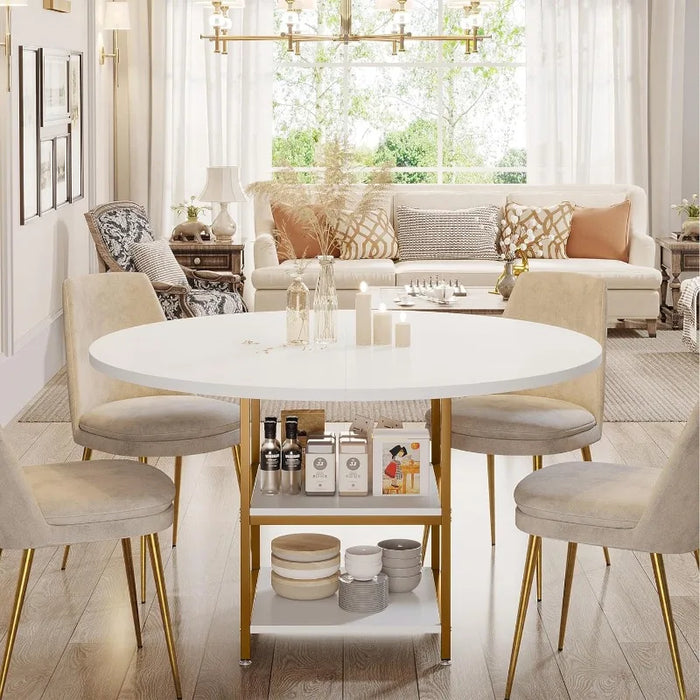 Tribesigns 47 Inches Round Dining Table for 4 People, Golden Kitchen Tables Dinner Table with 2-Tier Storage Shelves