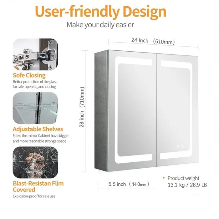 Janboe 24 Inch X 28 Inch Illuminated Led Mirror Cabinet for Bathroom Stainless Steel Wall Mounted Medicine Cabinet with Double T