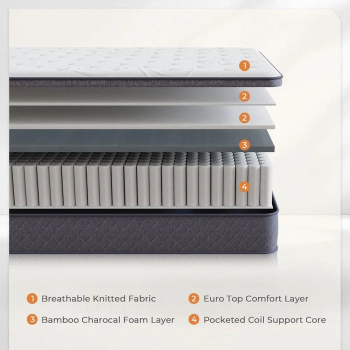 Bamboo Charcoal Foam Hybrid Queen Size Mattress With Pocketed Coils for Comfort Sleep and Balanced Support Freight Free Bedroom