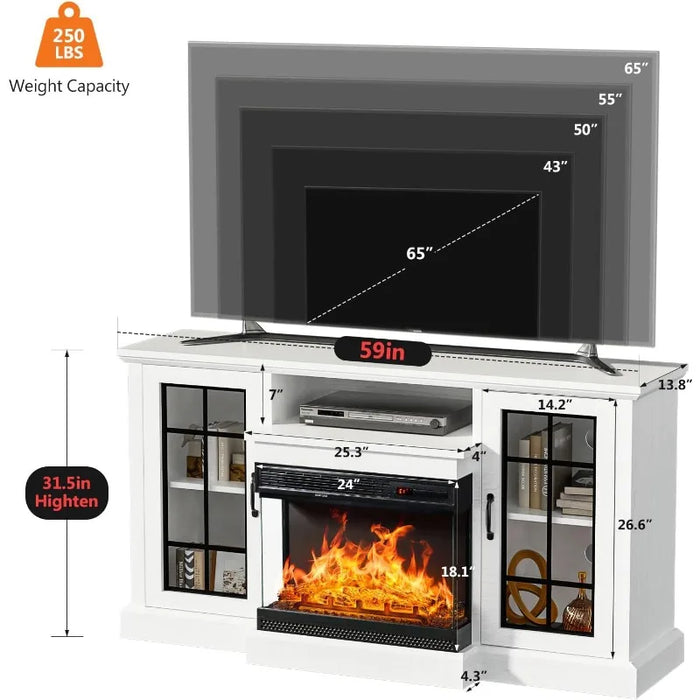 59'' Fireplace TV Stand,3-Sided Glass Media Entertainment Center Console Table for TVs up to 65'' with Glass Door Closed Storage