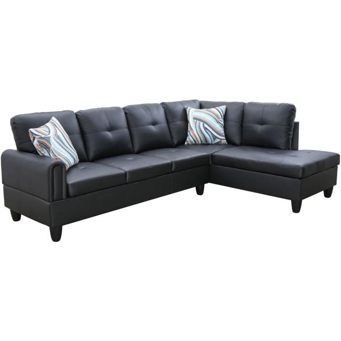 L-Shaped Faux Leather Sectional Sofa, With footstool and 2 living room throw pillows, Modular Sofa with Button Nailhead Decor