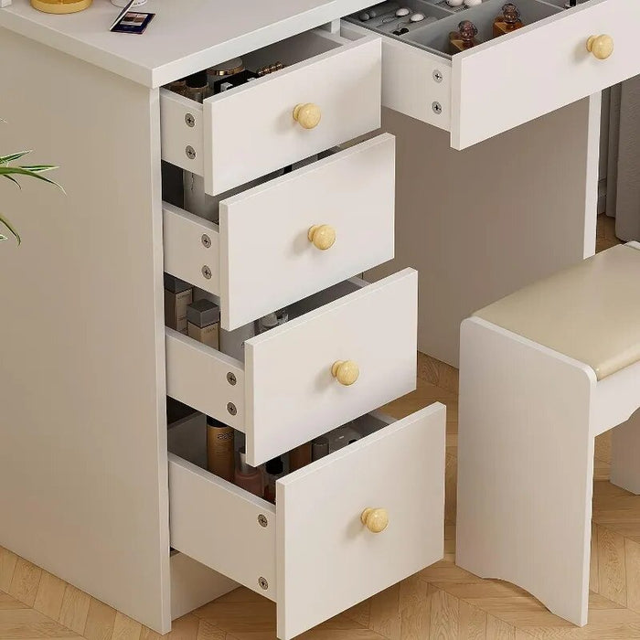 Makeup Vanity Set Dresser Desk with 5 Drawer and Shelf Round Mirror with Touch Screen and Light Vanity Set with Cushioned Stool