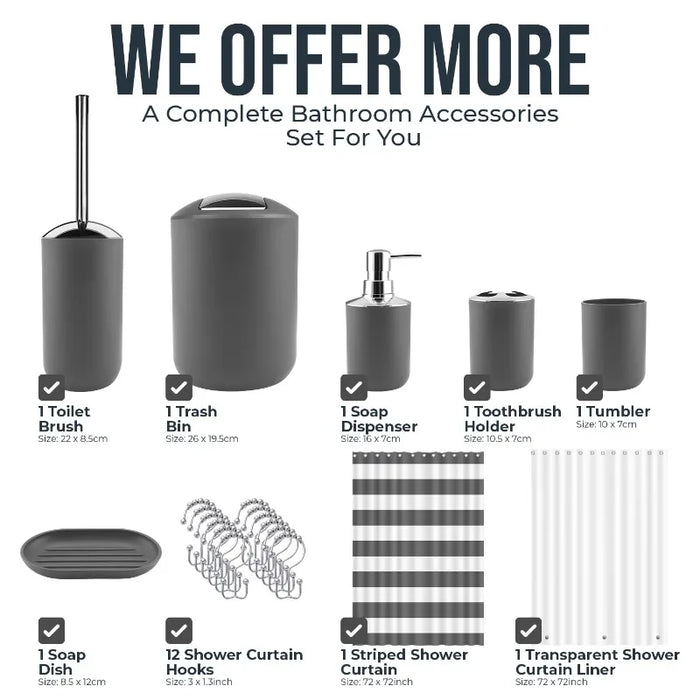 12 Piece Plastic Bath Accessories Set, Gray