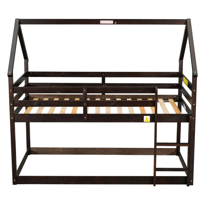 Bunk Bed for Kids Toddlers, Twin Over Twin Bunk Beds ,  Playhouse Farmhouse Roof Guardrail Ladder, for Girls & Boys