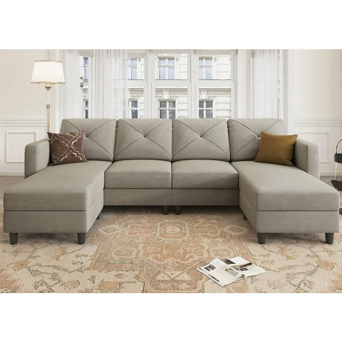U Shaped Sectional Sofa Convertible Couch with Double Chaises 4 Seat Sofa with Ottomans for Living Room, Velvet Light Grey