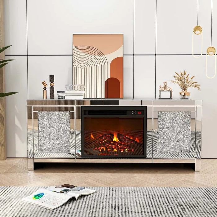 TV Stand Mirrored Media Entertainment Center for TV up to 55 inch, Silver TV Console Table Mirrored Furniture for Living Room