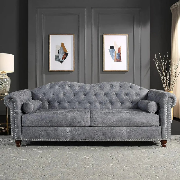 Upholstered Sofa Couch with Deep Seats, Comfy Chesterfield Leather Sofa with 2 Pillows, Traditional Tufted Sofa for Living Room