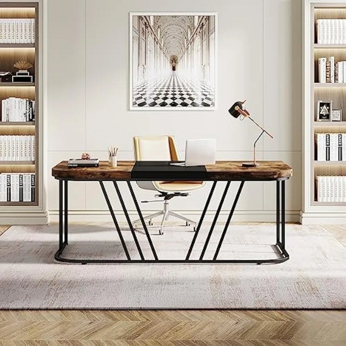 Executive Desk, Home Office Computer Desk, Rustic Large Conference Table with Heavy Duty Metal Frame, Bussiness Fu