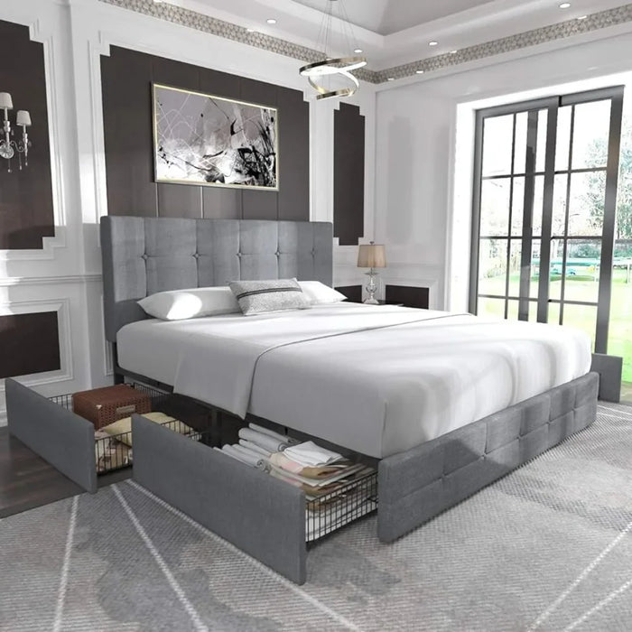 Upholstered Queen Size Platform Bed Frame with 4 Storage Drawers and Headboard Mattress Foundation, Light Grey