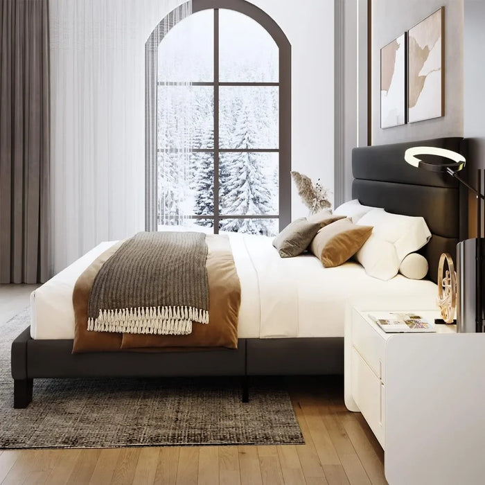 Bed Frame with Velvet Upholstered Headboard and Wooden Slats Support, Queen Size Bed Frame