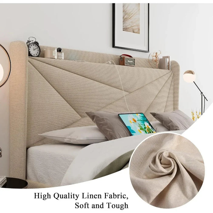 King-size Bed Frame With C-shaped And USB Ports, Padded Platform Bed Frame With Wingback Storage Headboard
