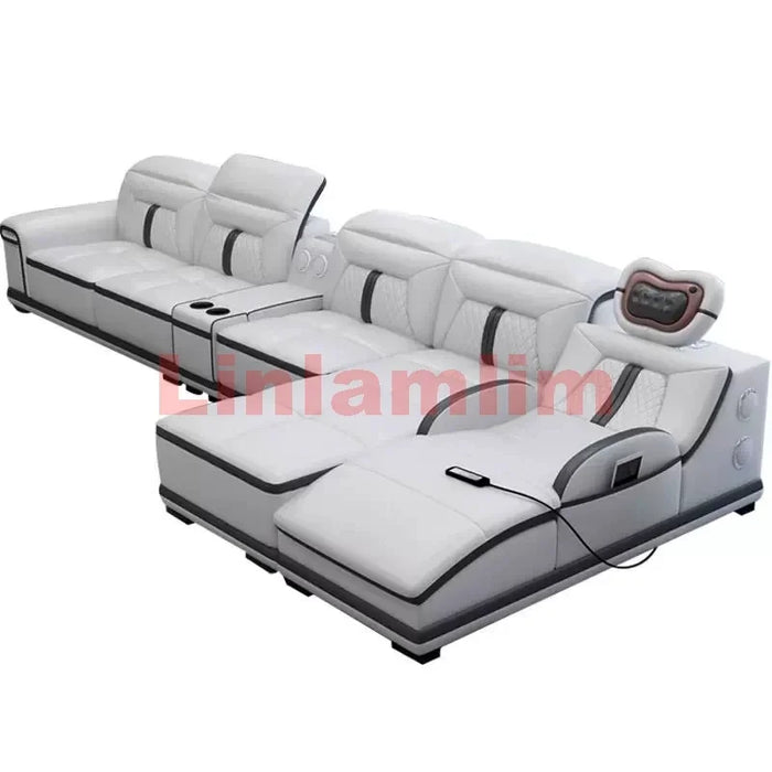 Italian Genuine Leather Sectional Sofa with Bluetooth, Speaker, Functional Headrest and Massage Chaise Lounge Couch