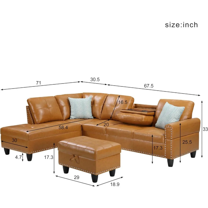 3-Piece Modular R Recliner, L-Shaped Sofa with 2 Cup Holder and Storage Ottoman for Living Room Furniture, Ginger Right