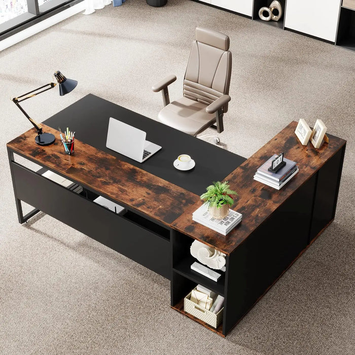 71 inch Executive Desk,L Shaped Desk with Cabinet Storage,Executive Office Desk with Shelves,Business Furniture Desk Workstation