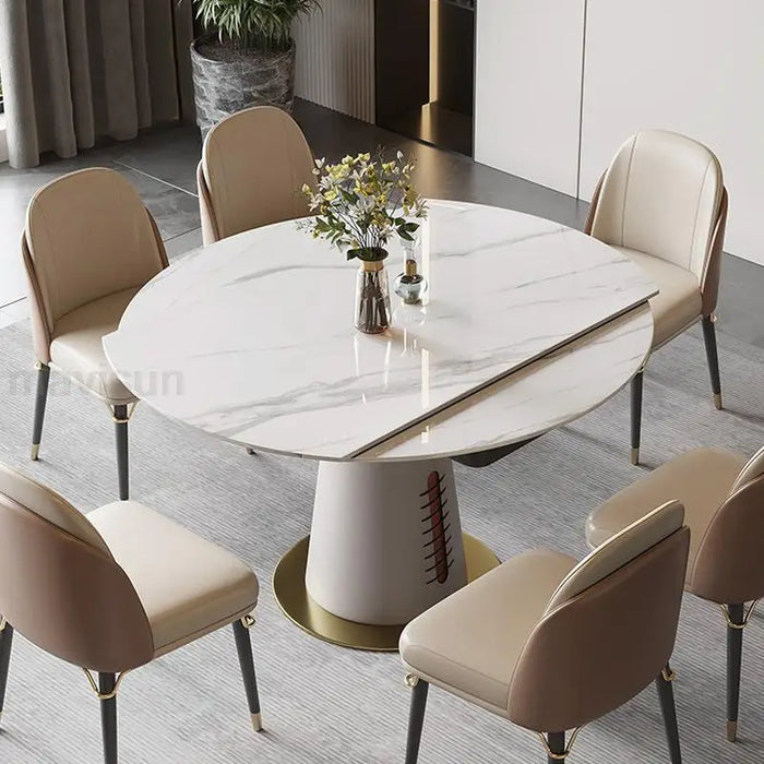 Light Luxury Round Table For Kitchen Freely Expansion Rock Slab Tabletop Art Design Apartment Furniture 4 Chairs Dining Table