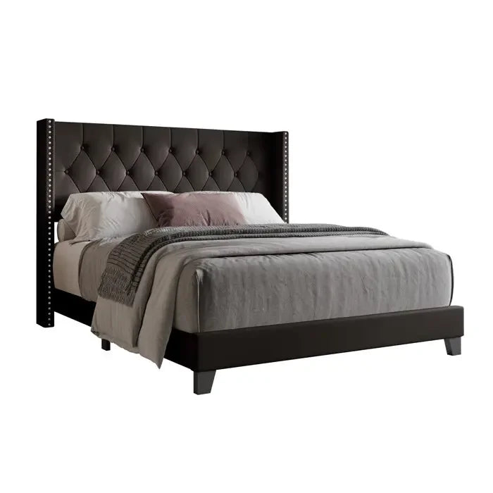 Wingback Platform Bed Frame with Headboard with Wood Slat Support and Square Stitched Headboard