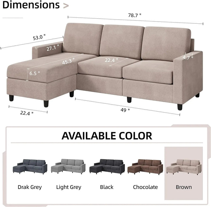 Shintenchi Convertible Sectional Sofa Couch, Modern Linen Fabric L-Shaped , 3-Seat Sofa Sectional with Reversible Chaise
