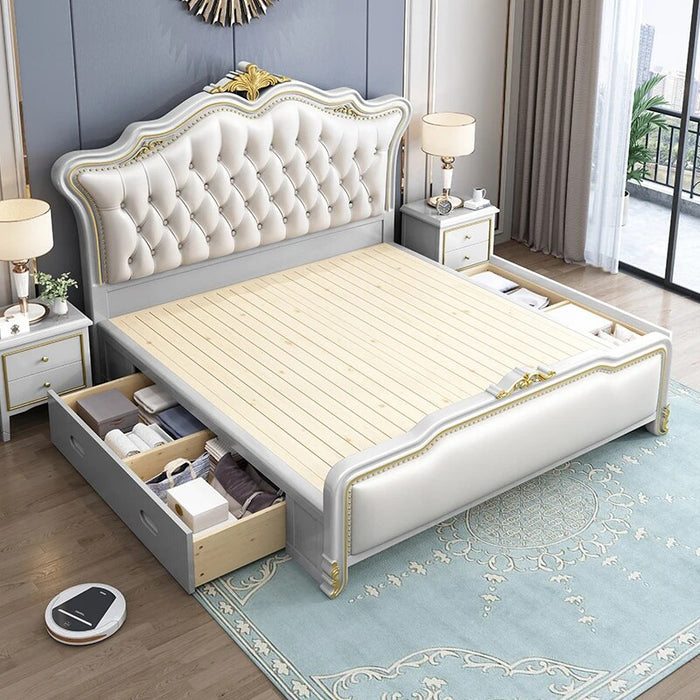 Royal European Double Bed Designer Whitr Villa Headboard Twin Bed Frame Wood Multifunctional Letto Matrimoniale Furniture
