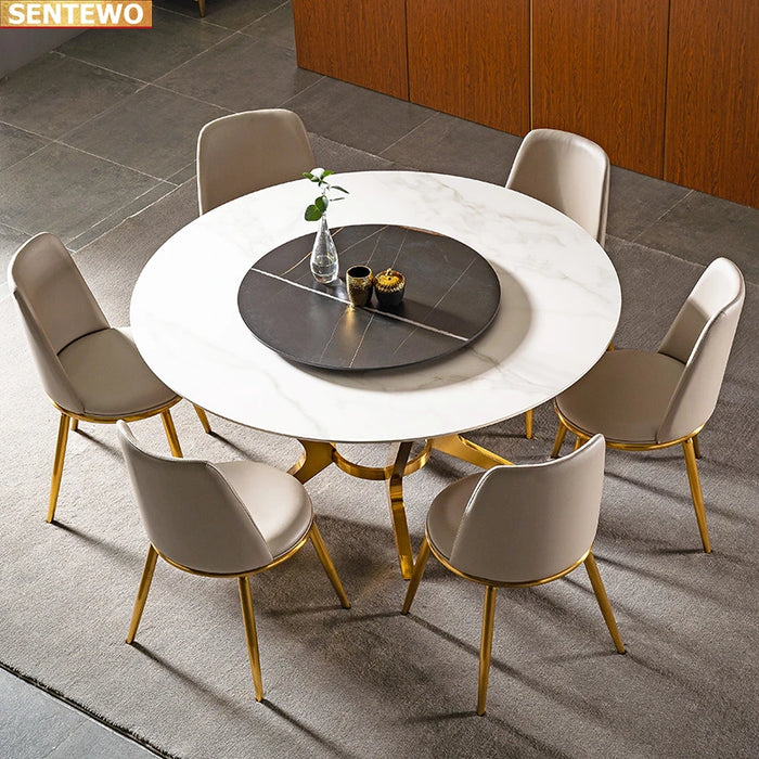 Designer Luxury round Marble Rock Slab dining table set 4 6 8 chairs esstisch furniture comedor marbre Stainless steel gold base