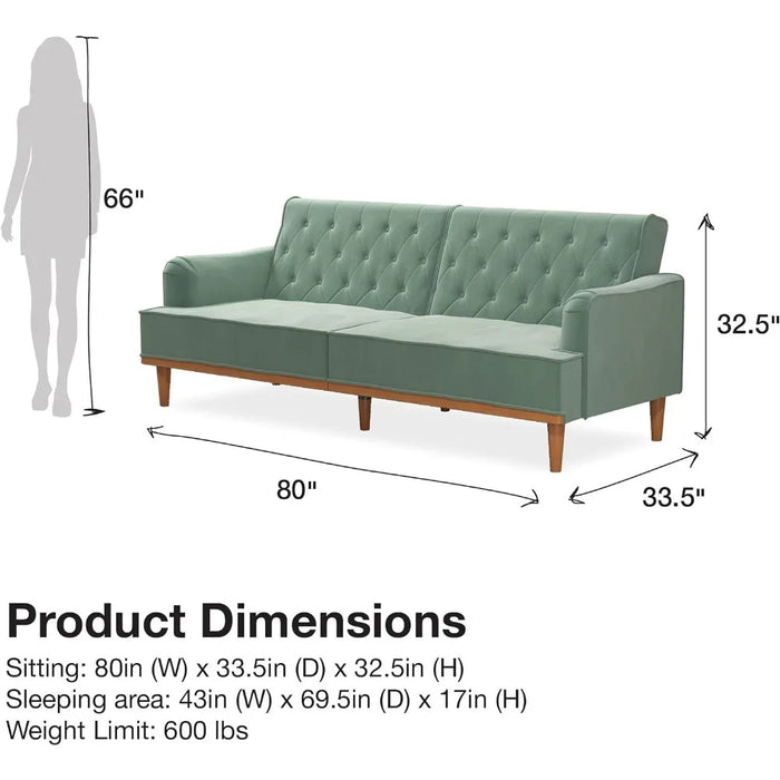 Sofa Bed Multi-functional Split Design, Cyan Velvet, Suitable for Small Spaces, Retro Convertible Sofa Bed Futon
