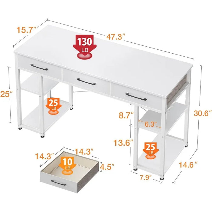 Office Small Computer Desk: Home Table with Fabric Drawers & Storage Shelves, Modern Writing Desk, White, 48"x16"