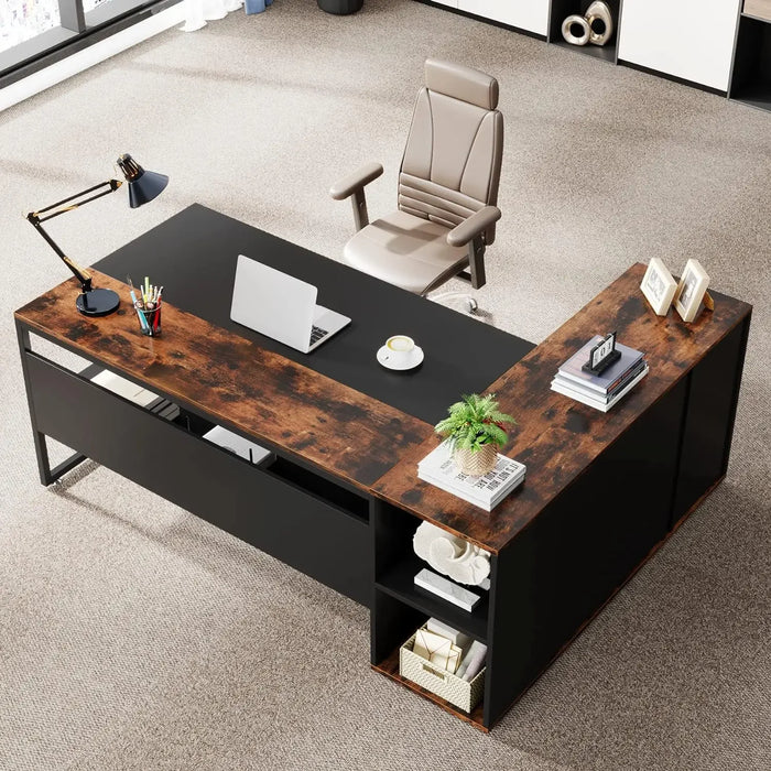 71 inch Executive Desk,L Shaped Desk with Cabinet Storage,Executive Office Desk with Shelves,Business Furniture Desk Workstation