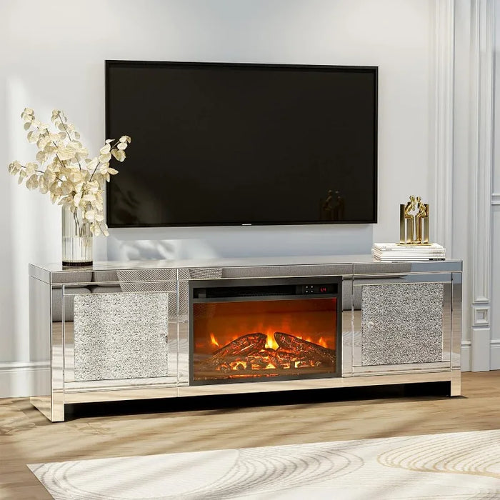 TV Stand Mirrored Media Entertainment Center for TV up to 55 inch, Silver TV Console Table Mirrored Furniture for Living Room