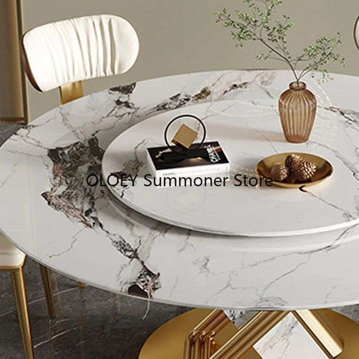 Stainless Steel Round Table With 360°Rotating Smooth Turntable Designer Rock Slab Kitchen Table Chair Esstisch Dining Furniture