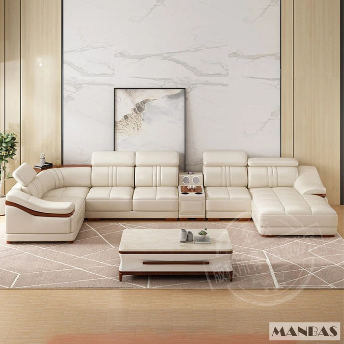 Elegant Leather Sectional Sofas Sets with Cup Holder, Adjustable Headrests & Bluetooth Speaker - MINGDIBAO Living Room Couches