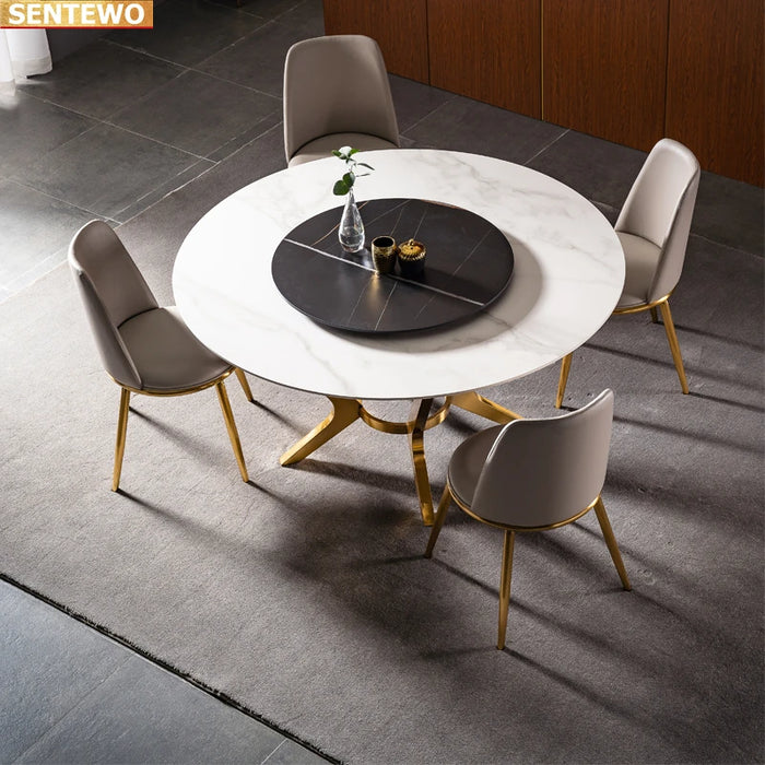 Designer Luxury round Marble Rock Slab dining table set 4 6 8 chairs esstisch furniture comedor marbre Stainless steel gold base