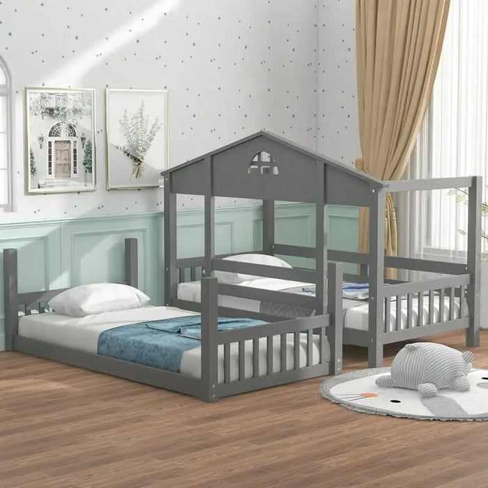 over Twin House Bunk Bed with Convertible Slide and Ladder for Kids Bedroom, Solid Wood House-Shaped Bed for More Children, Divi