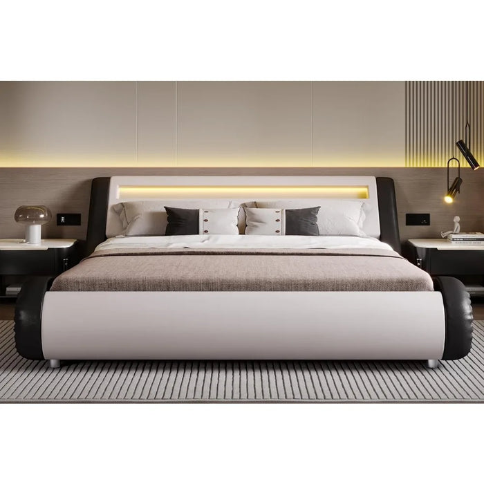 LED extra large luxury padded bed frame with adjustable headboard - slim sled design, wooden support, no need for spring box