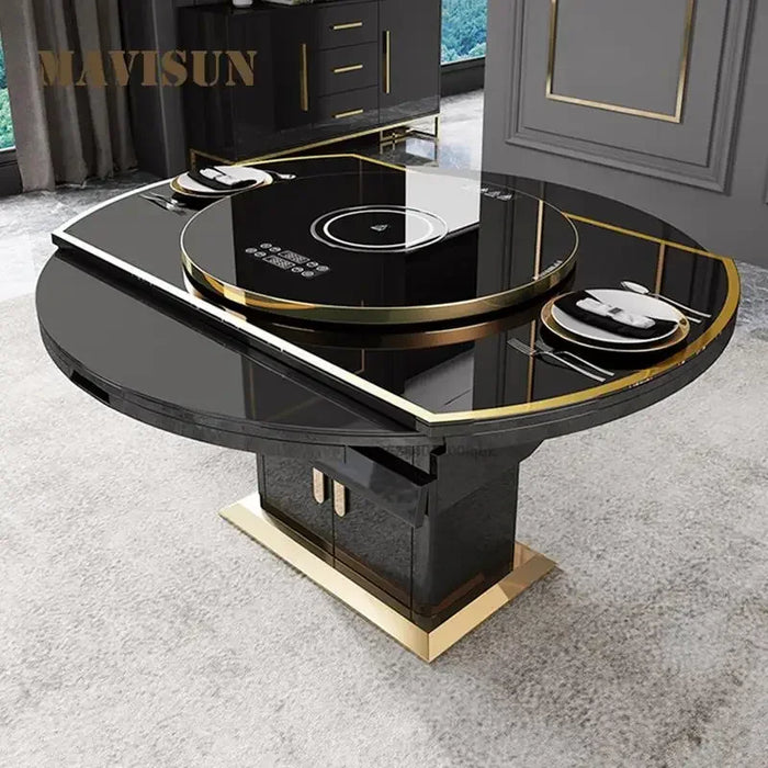 Telescopic Black Table Round Table Turntable Rotating Light Luxury Modern Household Tempered Glass Multifunctional Furniture