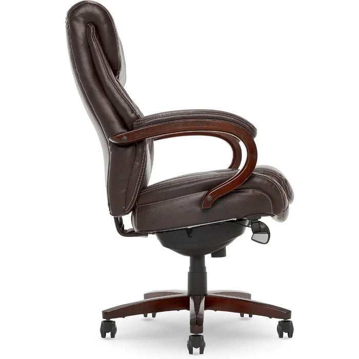 Bellamy Executive Office Chair with Memory Foam Cushions, Solid Wood Arms and Base, Waterfall Seat Edge, Bonded Leather, Brown