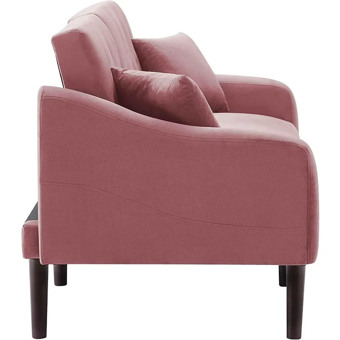 Convertible Sleeper Futon Sofa with 2 Pillows, Velvet Tufted Sofa with Metal Legs and Adjustable Backrest