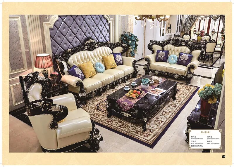 European design classic antique sofas living room furniture set solid wood carved leather couch sofa