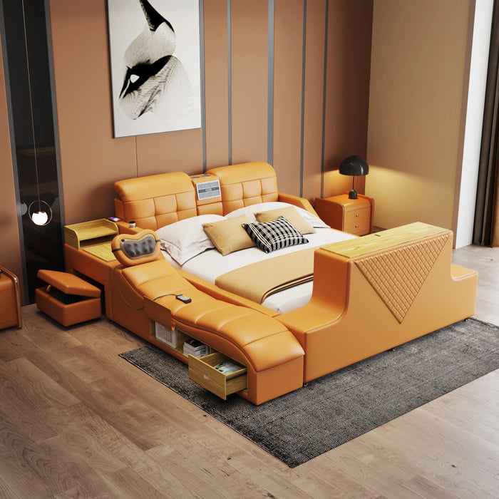 MINGDIBAO Ultimate Bed - Tech Smart Bed with Genuine Leather, Multifunctional Bed Frame, Massage, Speaker, Air Purifier and Safe