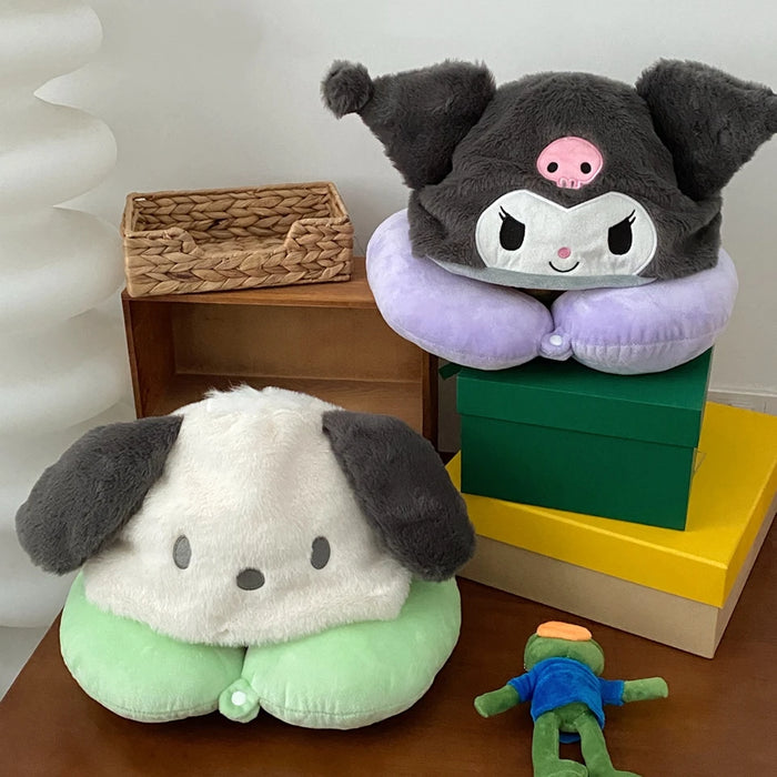 Cartoon Kuromi U-shaped Hooded Neck Pillow Pochacco Travel Blackout Nap Pillow Office Japanese style Pillow With Hat Girl