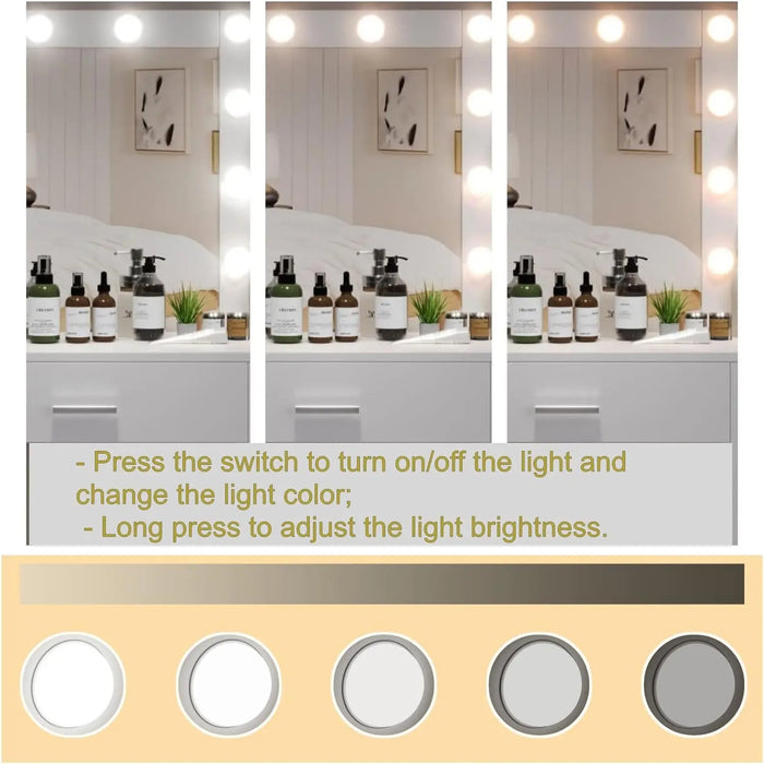Vanity Desk, Makeup Vanity with 10 LED Lights & 7 Metal Sliding Drawers, Brightness Adjustable, Vanity Table with 6 Open