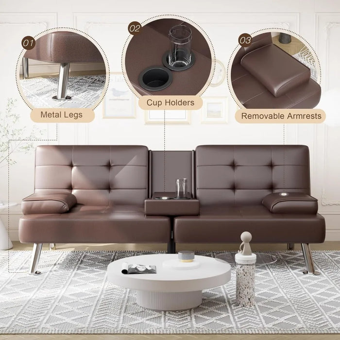 Metal Legs Sofa Cup Holders Futon Sofa Bed Sleeper Couch for Living Room Faux Leather Upholstered Loveseat W/Removable Armrests