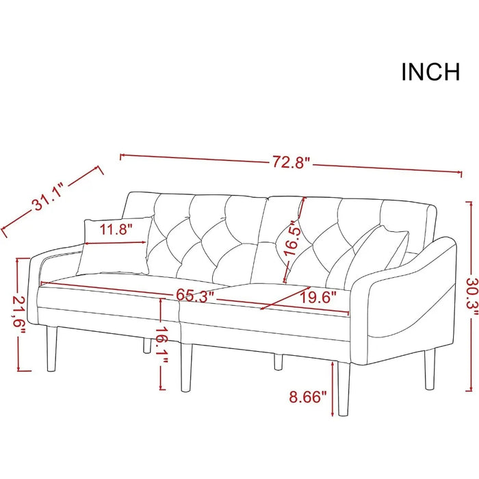Convertible Sleeper Futon Sofa with 2 Pillows, Velvet Tufted Sofa with Metal Legs and Adjustable Backrest