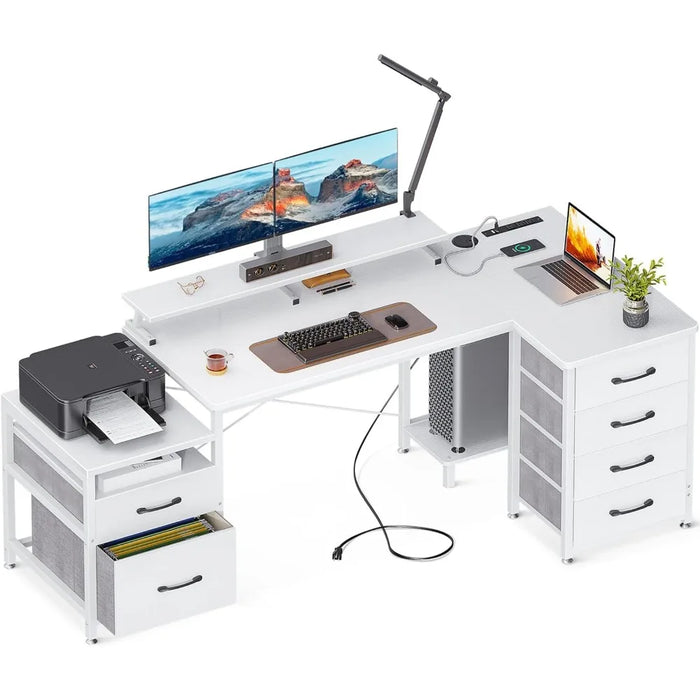 KKL L Shaped Computer Desk with File Drawers & 3 Power Outlets & 2 USB Ports, 72 Inch Home Office Desk with Printer Cabinet