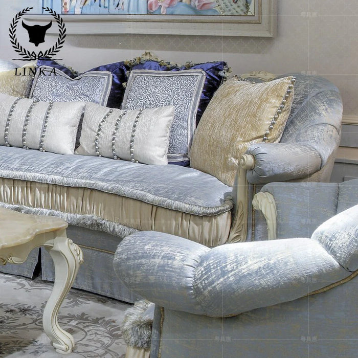French neoclassical cloth sofa, large family living room furniture, European solid wood carved sofa combination