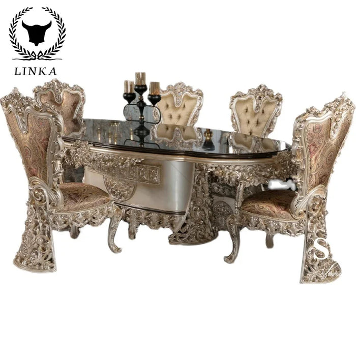 Custom-made European long dining table luxury all solid wood carved gold foil large-sized French dining table furniture