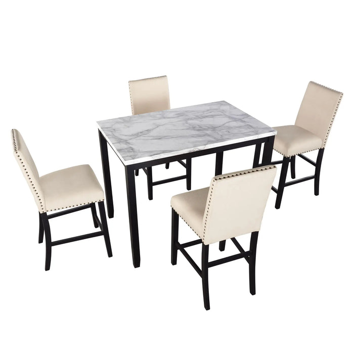 Chic 5-Piece Counter Height Faux Marble Modern Dining Set in Beige with Matching Chairs and Marble Veneer