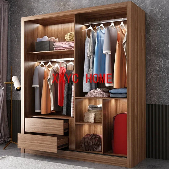 Simple Modern Organizer Wardrobe Clothes Wooden Bedroom Nordic Wardrobe Glass Sliding Door Hanger Rail Ropero Household Items