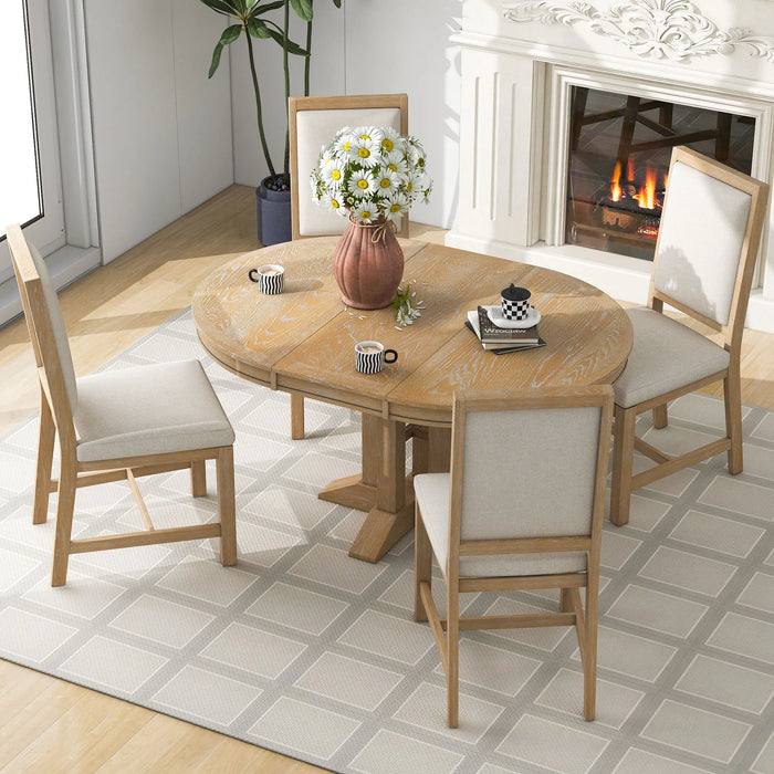 5-Piece Dining Set Extendable Round Table and 4 Chairs Farmhouse Dining Set for Kitchen, Dining Room,Natural Wood Wash