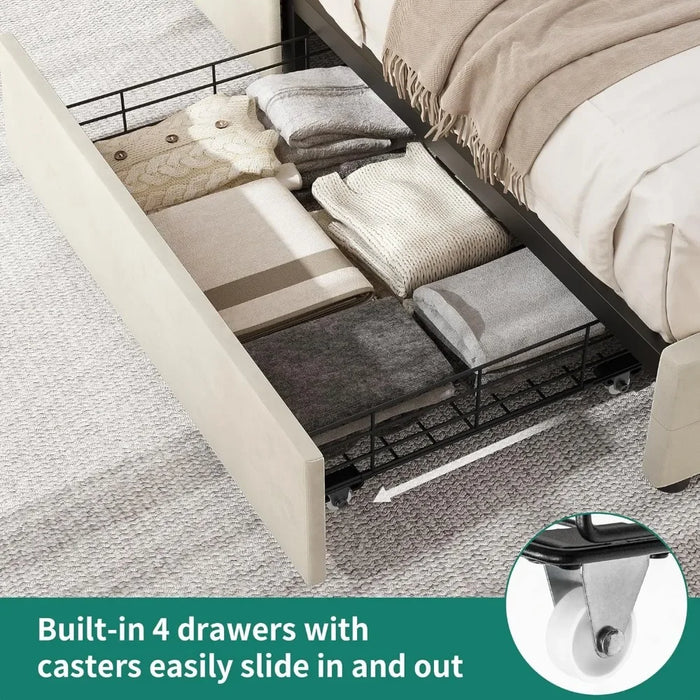 Led Bed Frame With 4 Storage Drawers, Adjustable Upholstered Headboard Platform Bed With Plank Support, No Need For A Spring Box